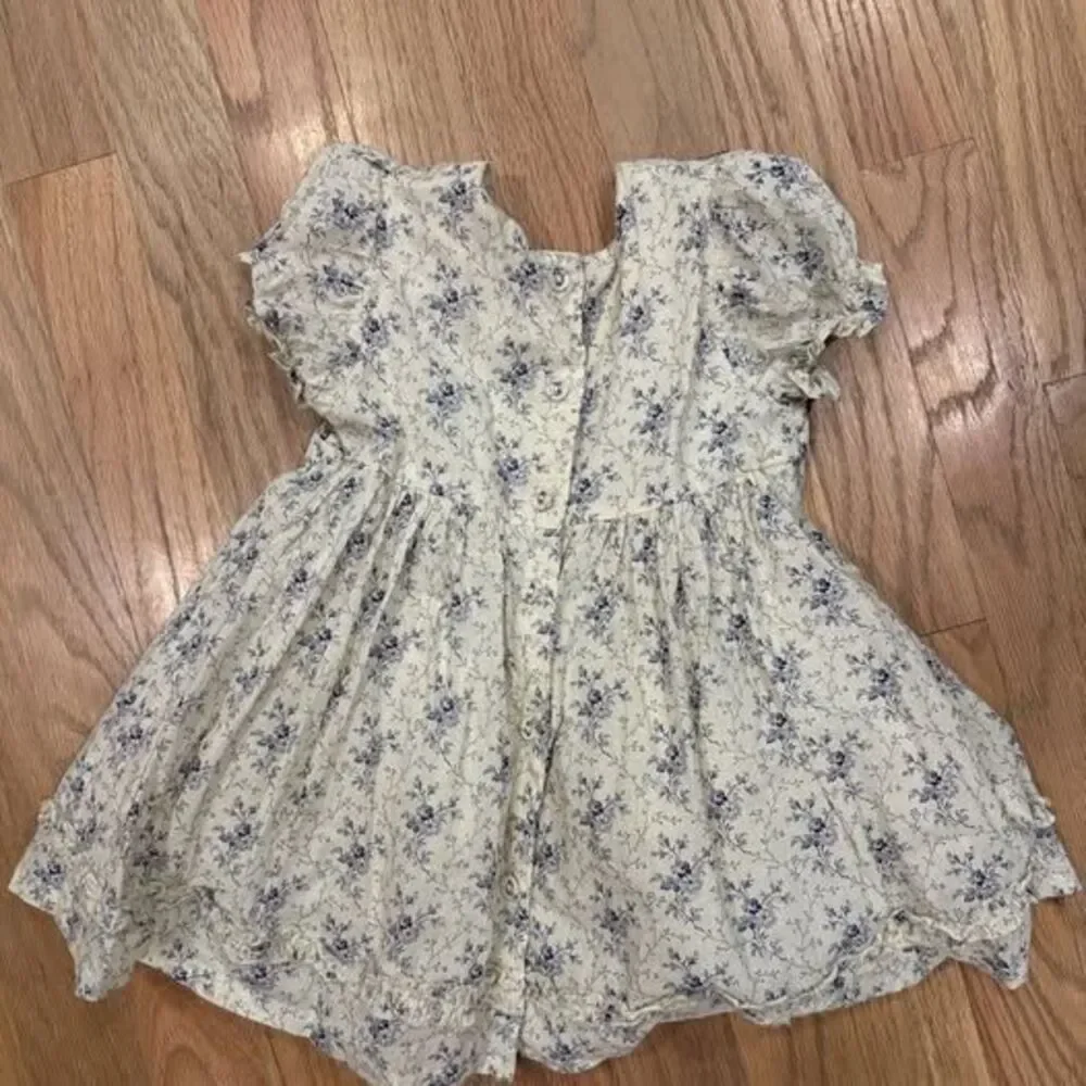 Vintage April Cornell Cream and Blue Floral Cotton Baby/Toddler Dress 6-12M